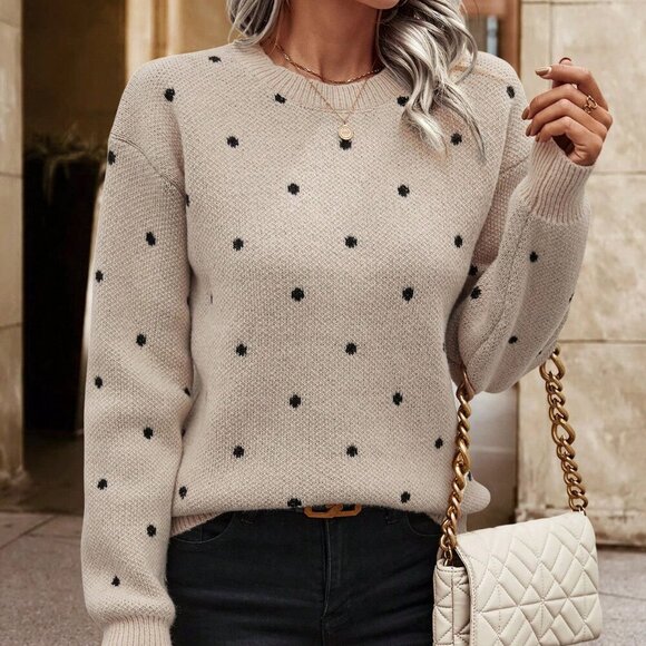 Khaki Casual Women's Polka Dot Pattern Drop Shoulder knit Sweater top - Picture 4 of 6